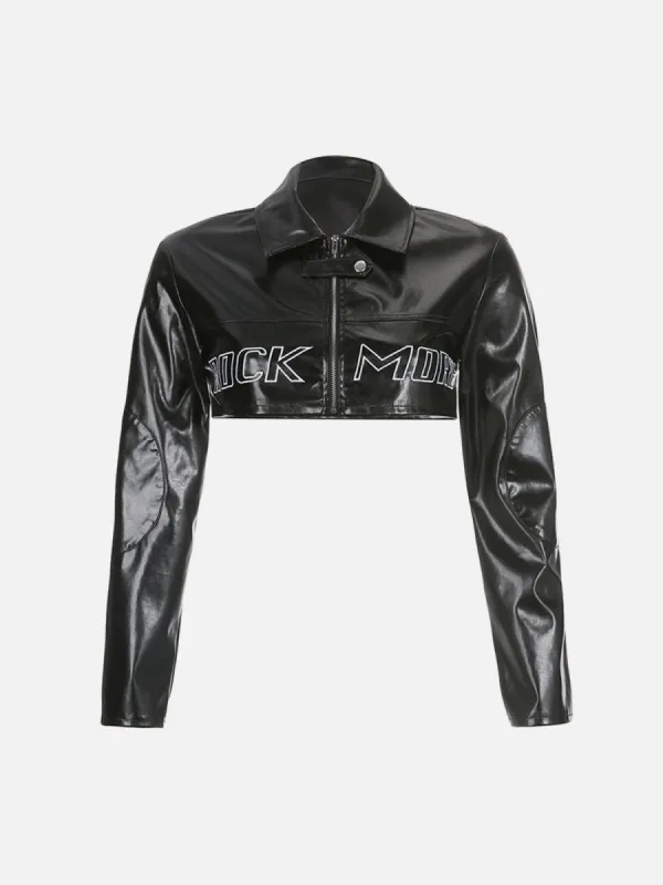 Lettering Embroidery PU Fold-over Jackets sold by Aelfric Eden