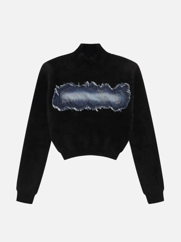 Denim Patchwork Fringe Sweater sold by Aelfric Eden