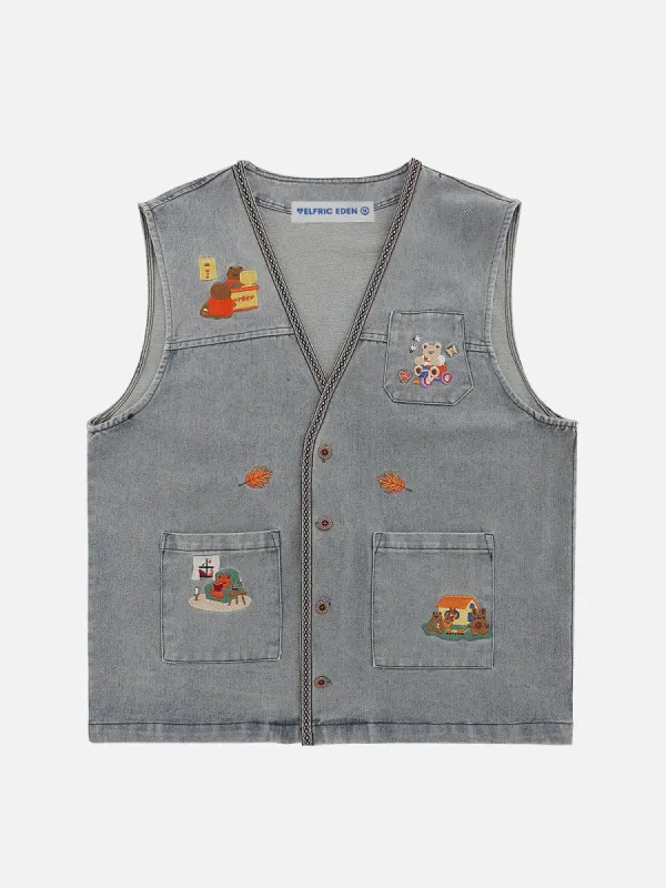 Aelfric Eden Embroidery Bear Denim Vest sold by Aelfric Eden