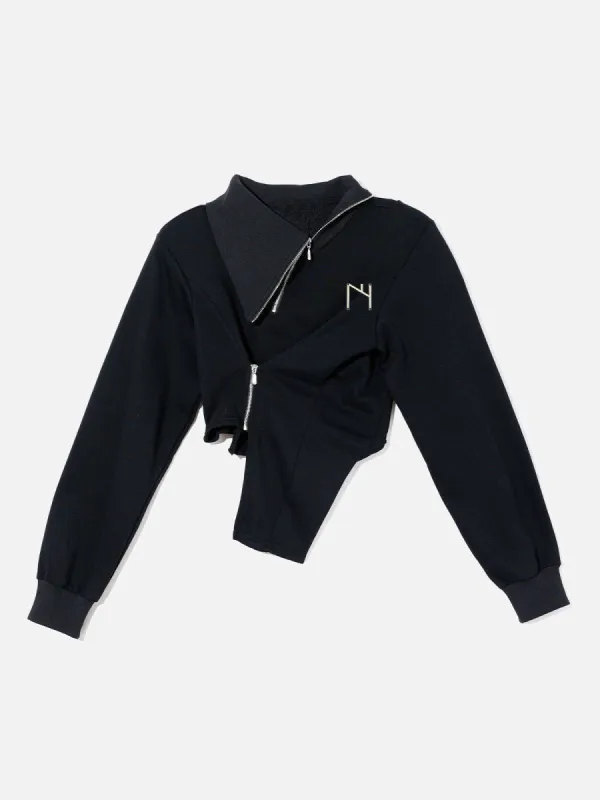 Eye Of Moon Slant Zip UP Long Sleeve Crop Top sold by Aelfric Eden