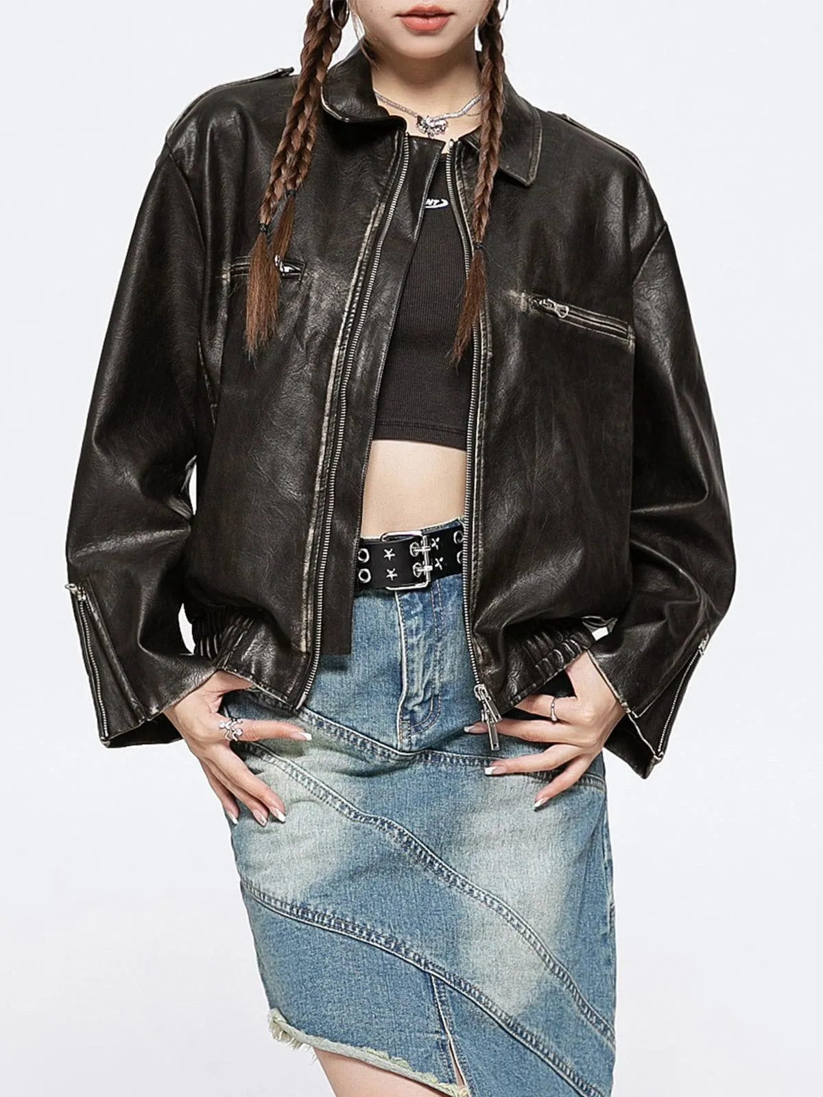 Zip Up Pocket Vintage Faux Leather Jacket sold by Aelfric Eden product image thumbnail 3