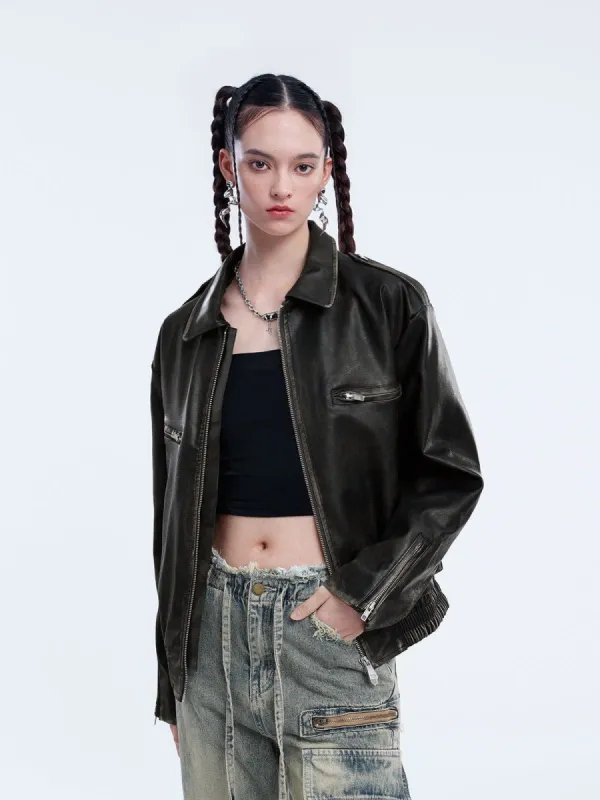 Zip Up Pocket Vintage Faux Leather Jacket sold by Aelfric Eden