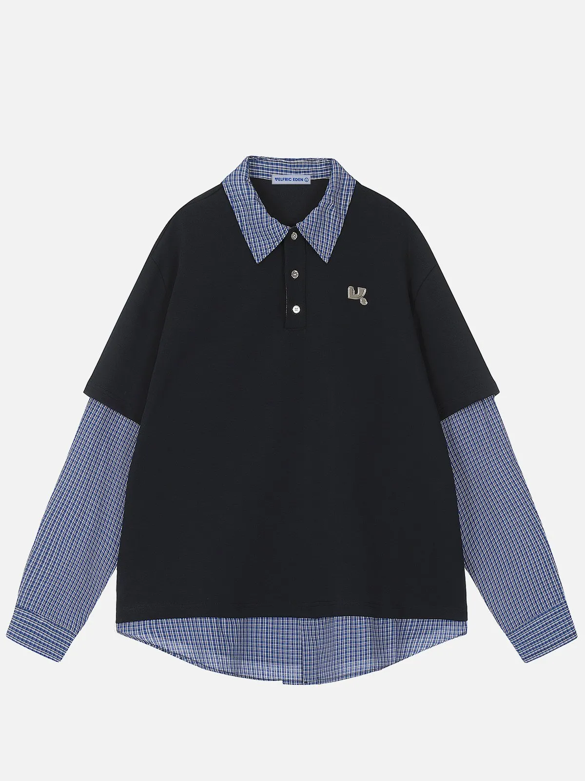 Aelfric Eden Plaid Patchwork Polo Long Sleeve Tee sold by Aelfric Eden product image thumbnail 2