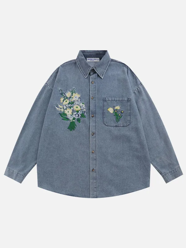 Aelfric Eden Embroidery Flower Denim Long Sleeve Shirt made by Aelfric Eden