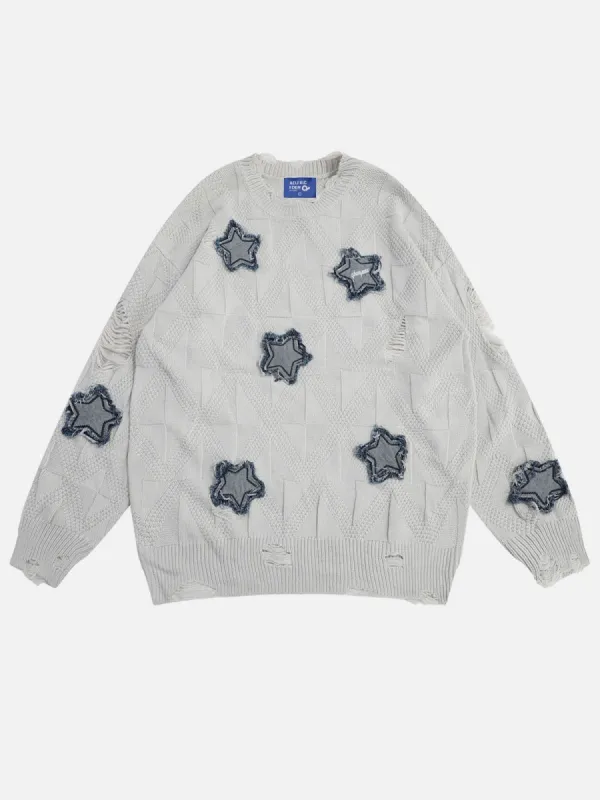 Aelfric Eden Distressed Star Denim Applique Sweater sold by Aelfric Eden