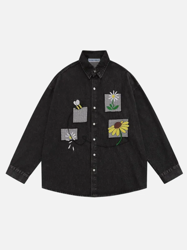 Aelfric Eden Embroidery Flower Denim Long Sleeve Shirt made by Aelfric Eden