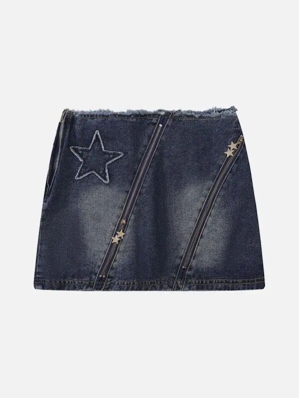 Multi Zip Up Star Fringe Denim Skirt made by Aelfric Eden