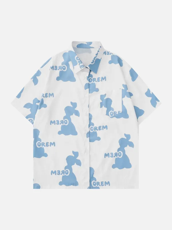 Irregular Symmetrical Cartoon Rabbit Print Short Sleeve Shirts sold by Aelfric Eden