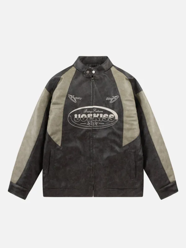 Aelfric Eden Color Blocking Embroidery Leather Jacket sold by Aelfric Eden