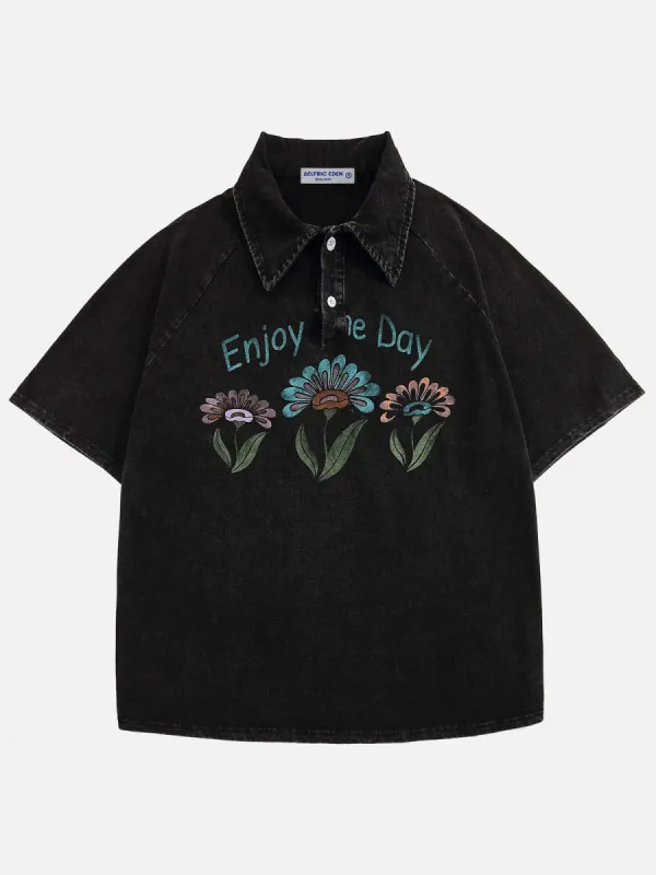 Aelfric Eden Vintage Flower Print Washed Polo Tee sold by Aelfric Eden