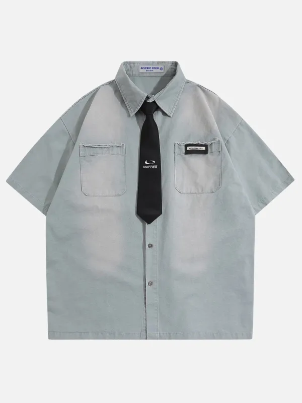 Aelfric Eden Necktie Gradient Denim Washed Short Sleeve Shirt sold by Aelfric Eden