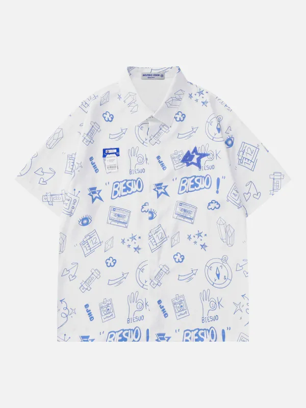 Aelfric Eden Fun Cartoon Doodle Print Short Sleeve Shirts sold by Aelfric Eden