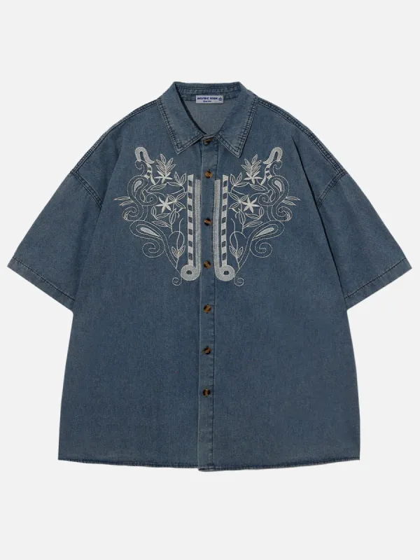 Aelfric Eden Embroidery Blossom Denim Short Sleeve Shirts sold by Aelfric Eden