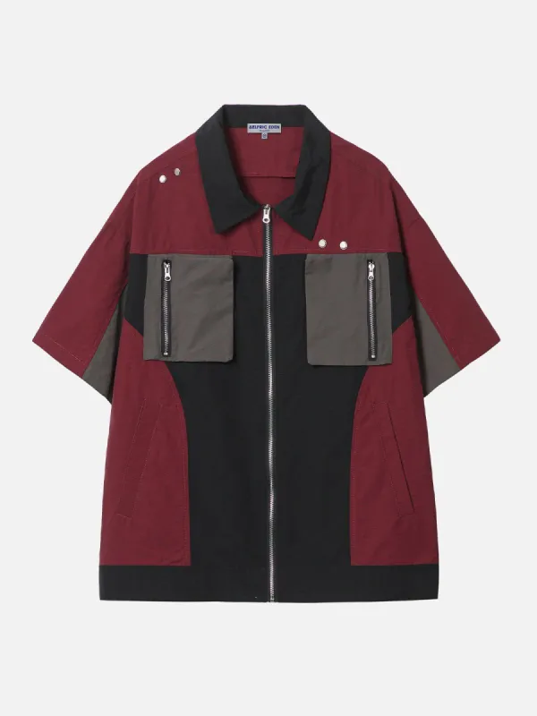 Functional Contrast Zipper Pockets Short Sleeve Shirts sold by Aelfric Eden