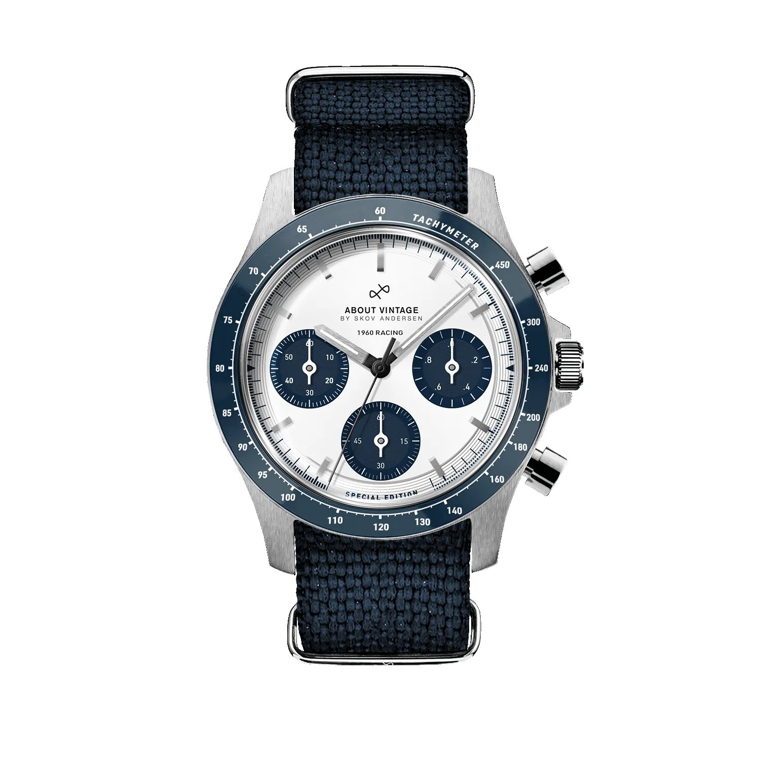 1960 Racing Chronograph, Steel / Navy & White sold by About Vintage