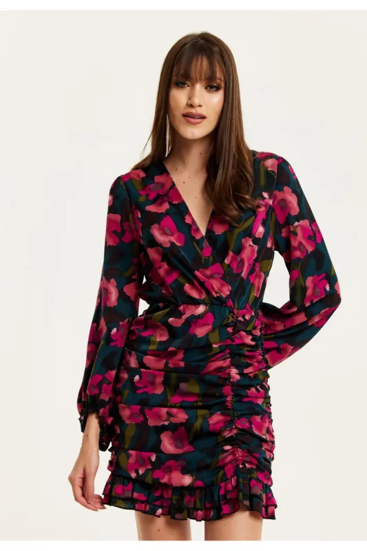 Liquorish Floral Print Mini Dress With Front Ruching sold by Goddiva