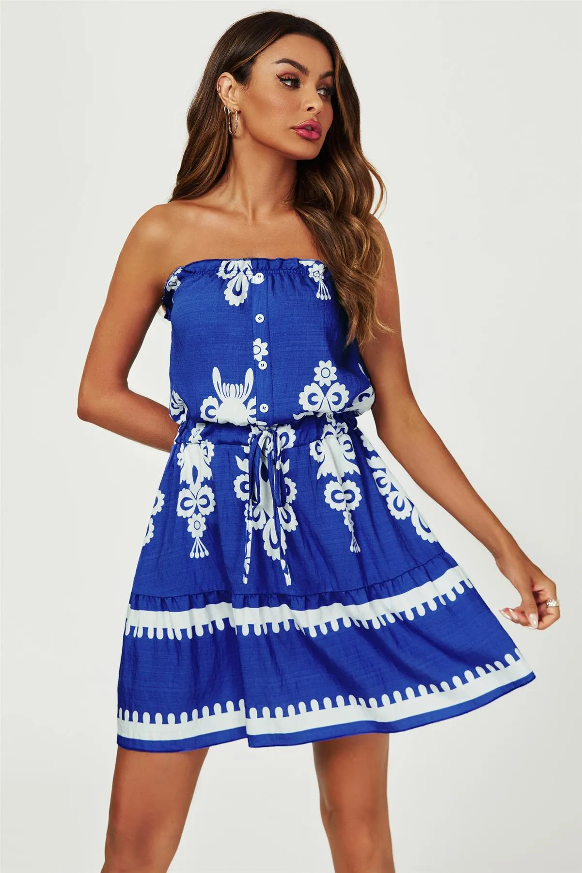 FS Collection Printed Broderie Strapless Mini Dress In Blue sold by Goddiva product image thumbnail 2