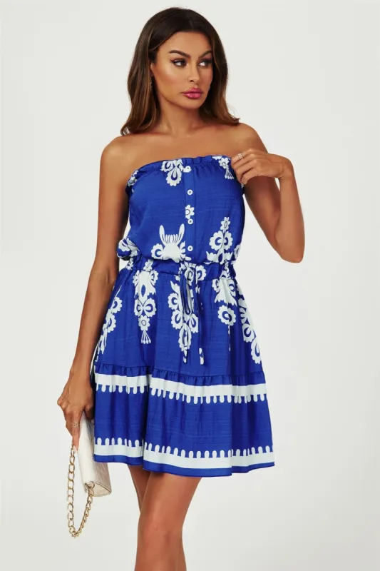 FS Collection Printed Broderie Strapless Mini Dress In Blue sold by Goddiva