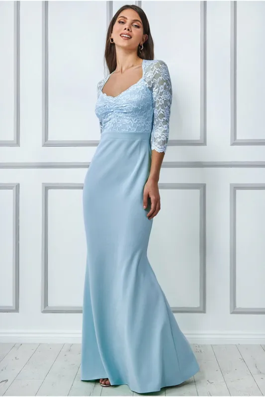 Lace Bodice Maxi Dress With Sleeves - Powder Blue by Goddiva made by Goddiva