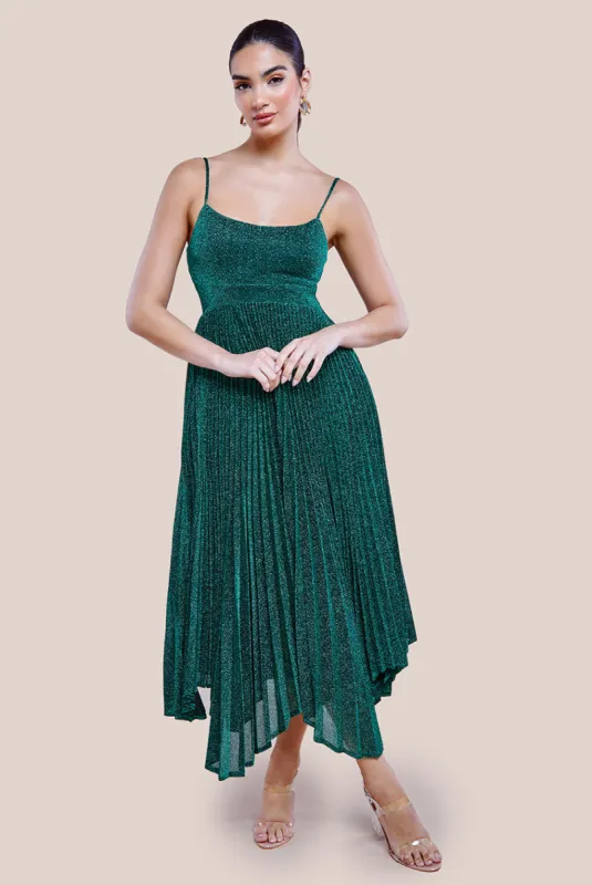 Tie Back Pleated Lurex Skater Midi Dress - Emerald by Goddiva sold by Goddiva