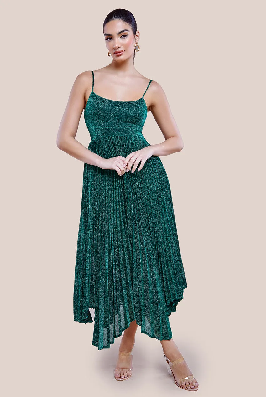 Tie Back Pleated Lurex Skater Midi Dress - Emerald by Goddiva sold by Goddiva