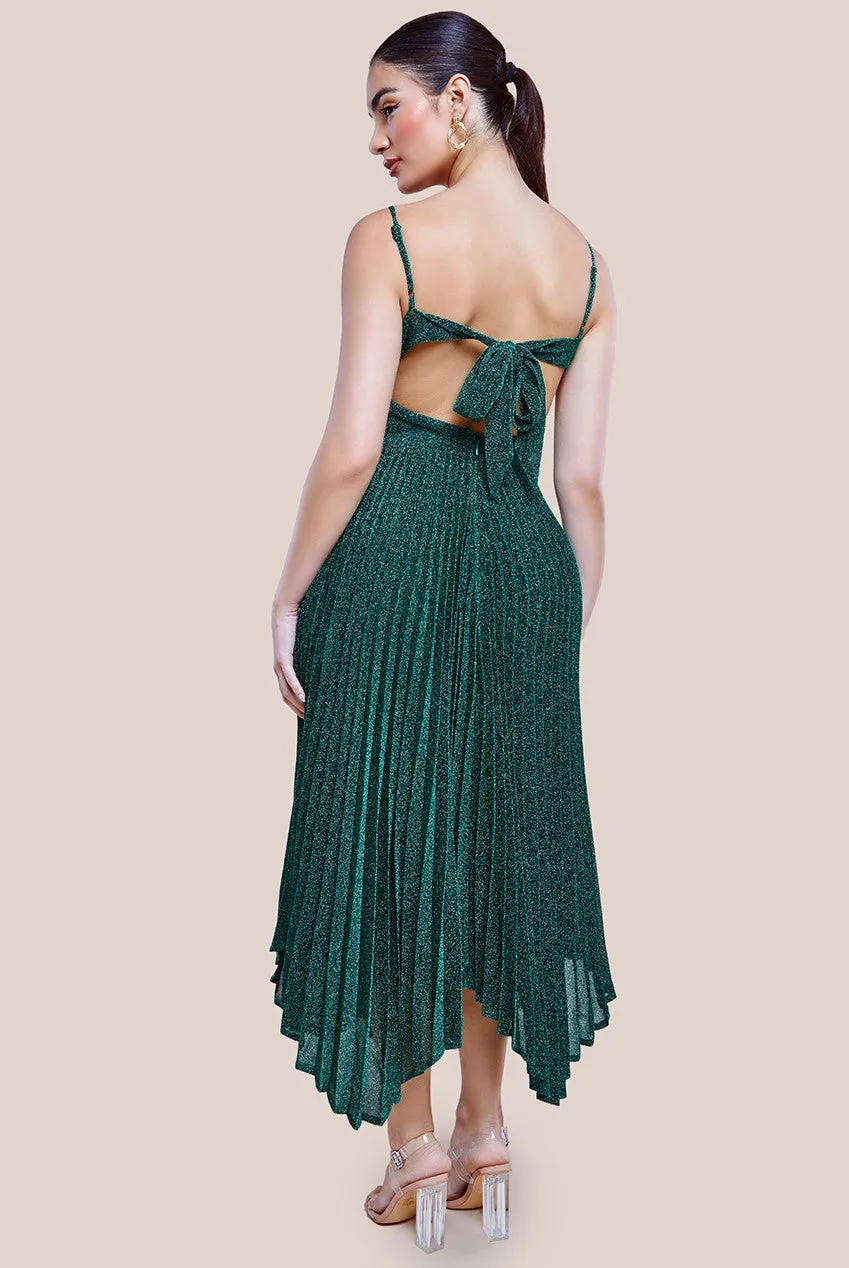 Tie Back Pleated Lurex Skater Midi Dress - Emerald by Goddiva sold by Goddiva product image thumbnail 3
