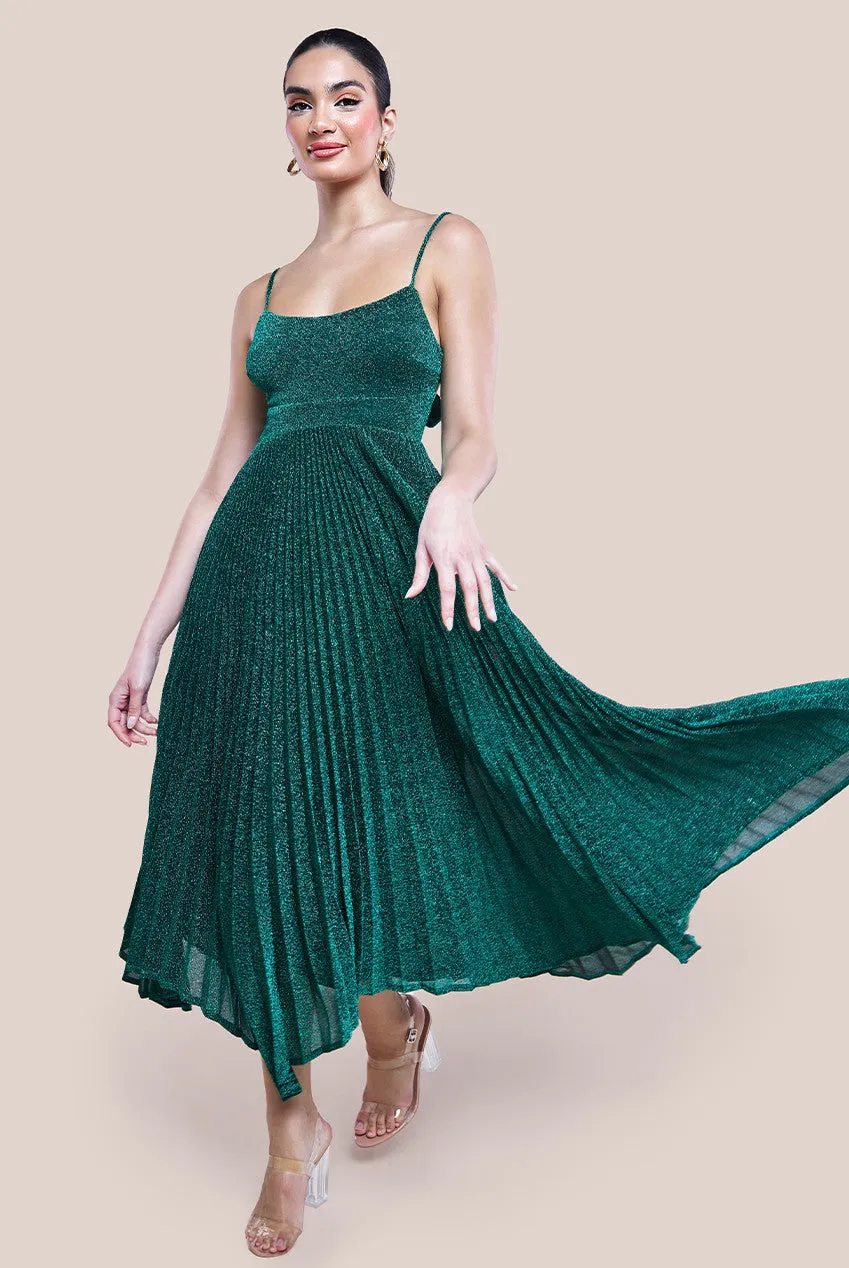Tie Back Pleated Lurex Skater Midi Dress - Emerald by Goddiva sold by Goddiva product image thumbnail 2