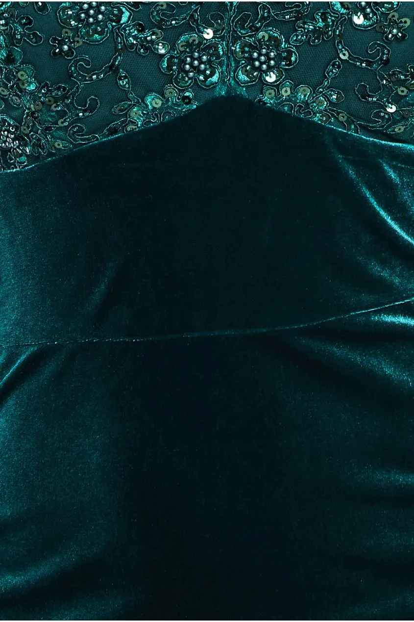 Scalloped Lace & Velvet Maxi Dress - Emerald Green by Goddiva sold by Goddiva product image thumbnail 4