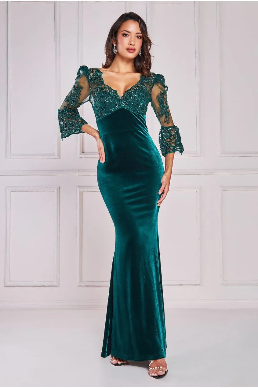 Scalloped Lace & Velvet Maxi Dress - Emerald Green by Goddiva sold by Goddiva