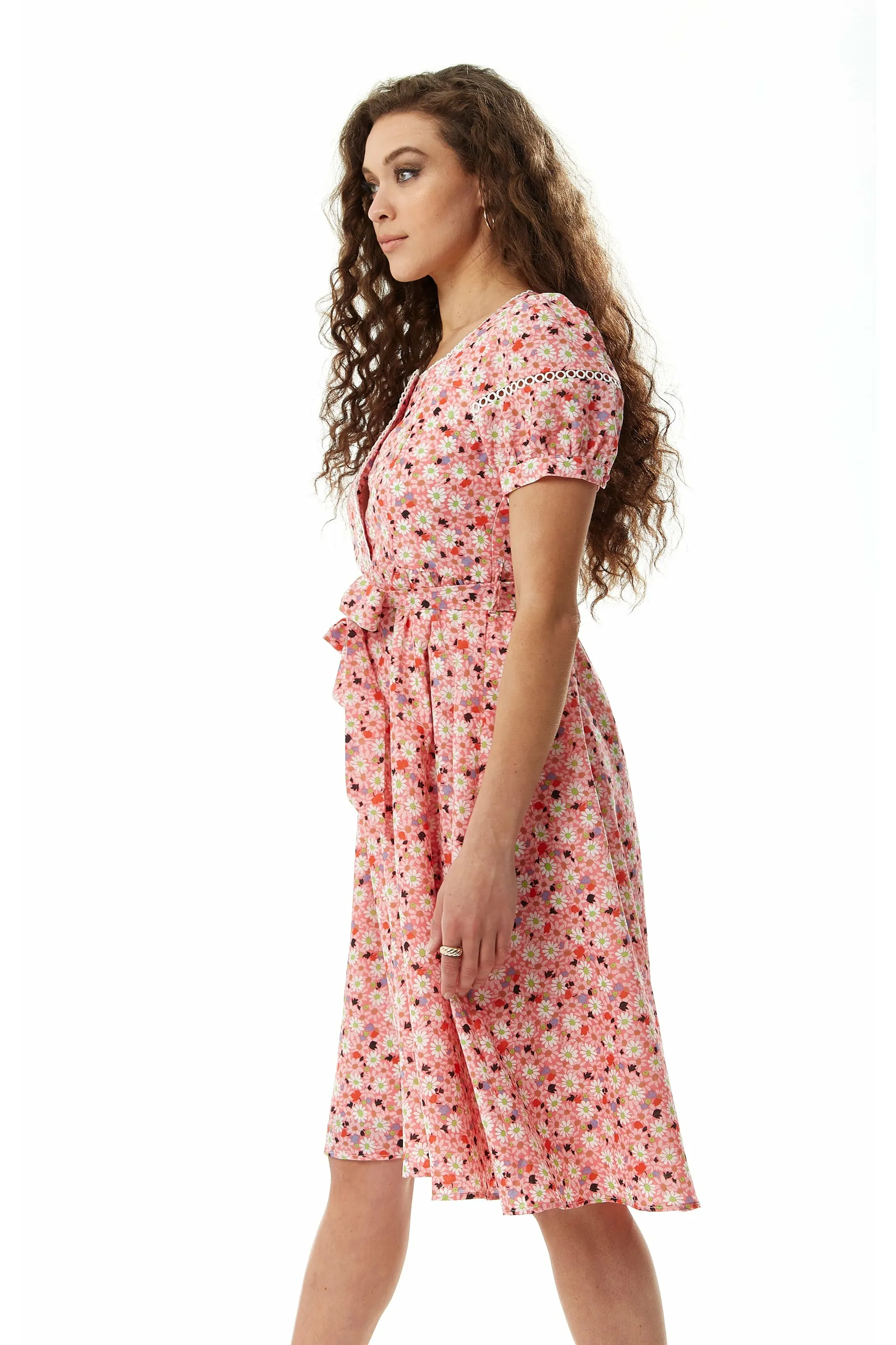 Liquorish Pink Floral Midi Dress With Trim Lace Details sold by Goddiva product image thumbnail 3