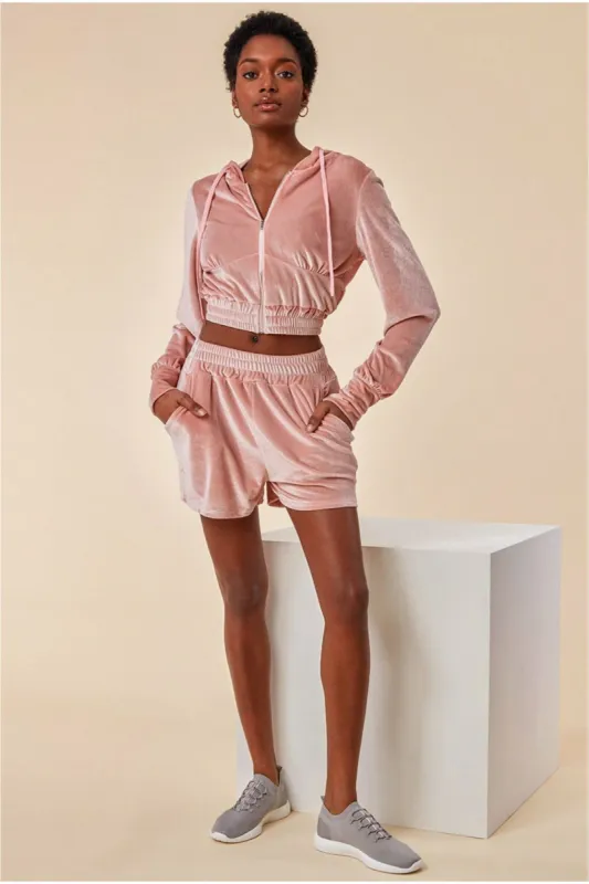 Velour Hoodie & Short Set - Pink by Cosmochic sold by Goddiva