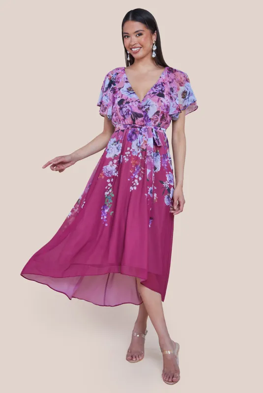Flutter Sleeve A-Line Chiffon Floral Printed Midi Dress - Magenta by Goddiva sold by Goddiva
