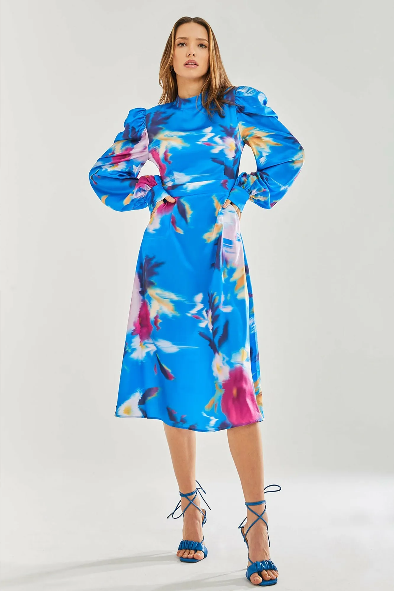 Liquorish Blue Floral Satin Cut Out Back Midi Dress sold by Goddiva