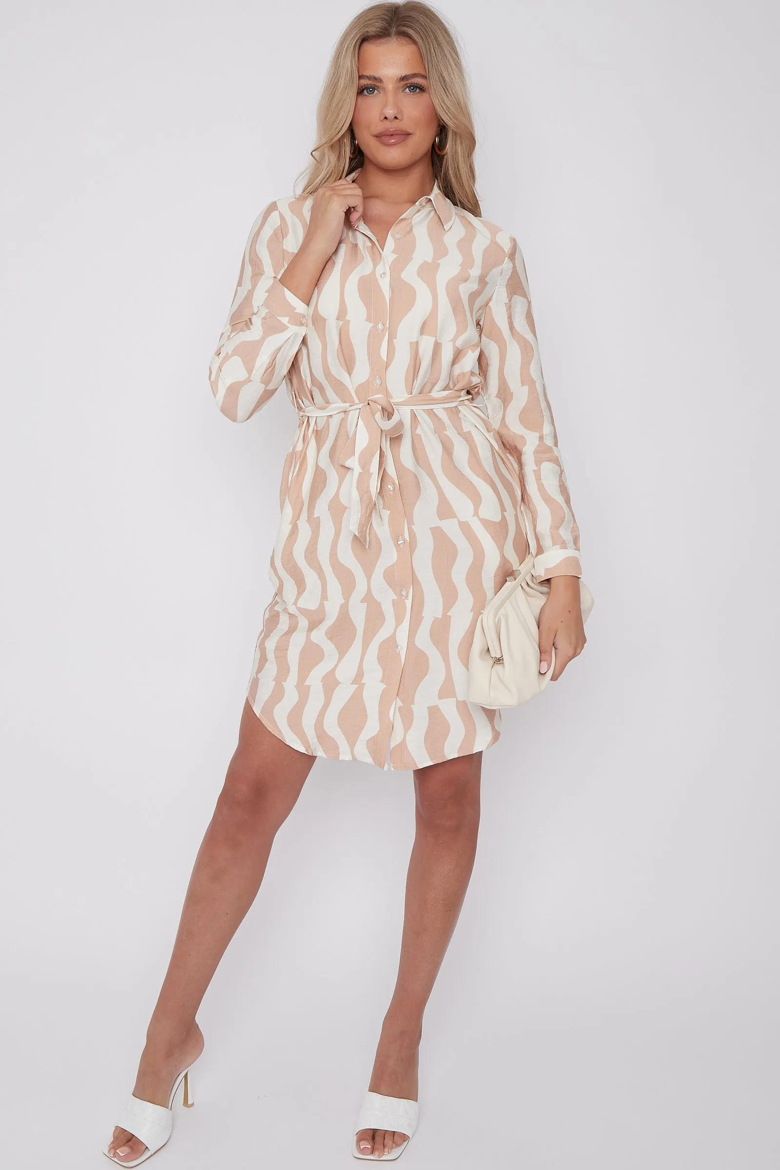 LOVE SUNSHINE Beige Geo Pattern Print Mini Shirt Dress sold by Goddiva product image thumbnail 3
