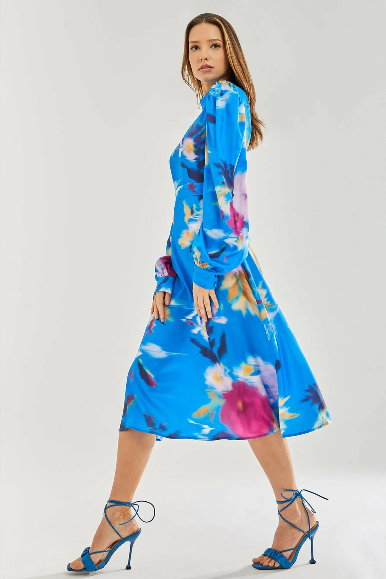 Liquorish Blue Floral Satin Cut Out Back Midi Dress sold by Goddiva product image thumbnail 2