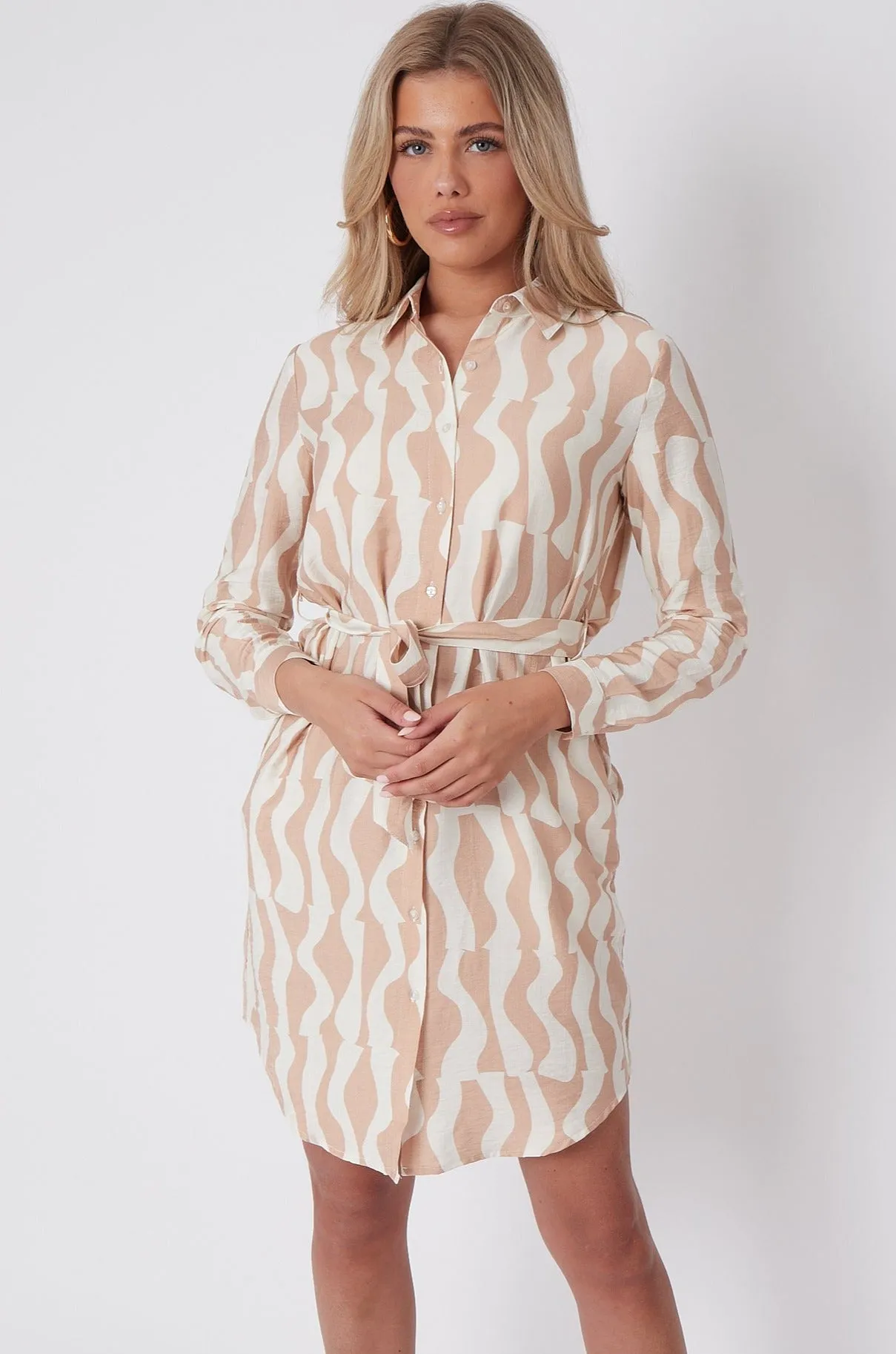 LOVE SUNSHINE Beige Geo Pattern Print Mini Shirt Dress sold by Goddiva product image thumbnail 4