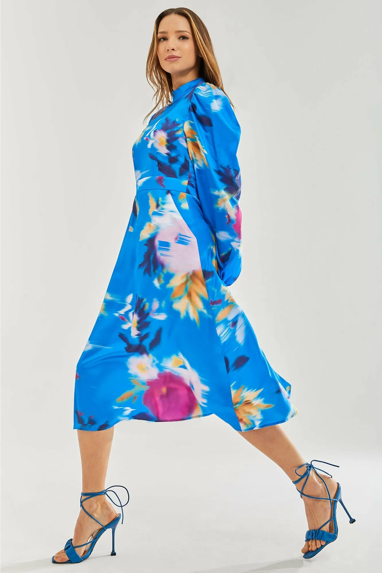 Liquorish Blue Floral Satin Cut Out Back Midi Dress sold by Goddiva product image thumbnail 3
