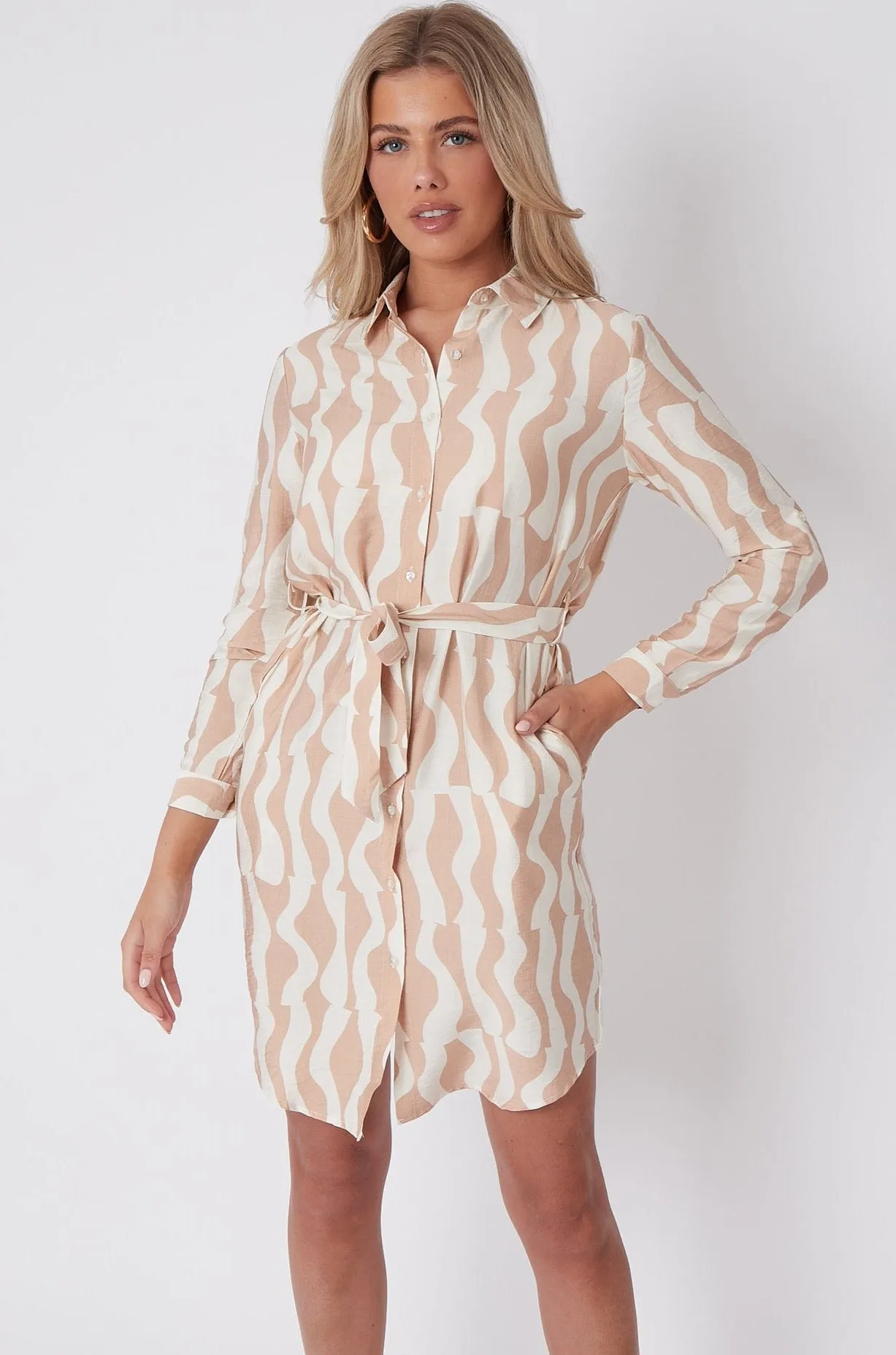 LOVE SUNSHINE Beige Geo Pattern Print Mini Shirt Dress sold by Goddiva product image thumbnail 2