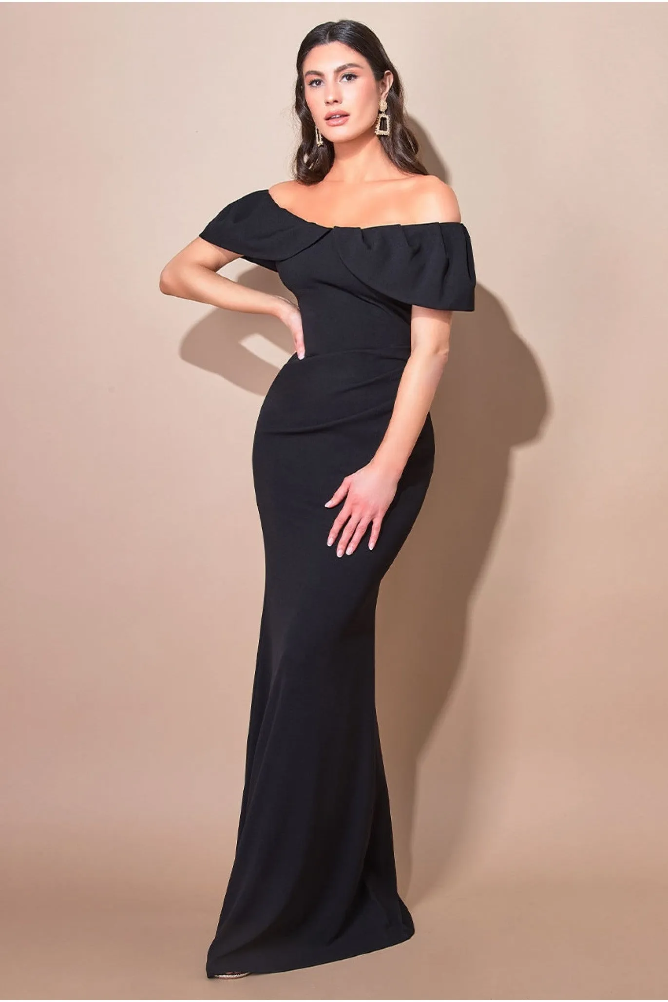Scuba Crepe Pleated Bardot Maxi - Black by Goddiva sold by Goddiva