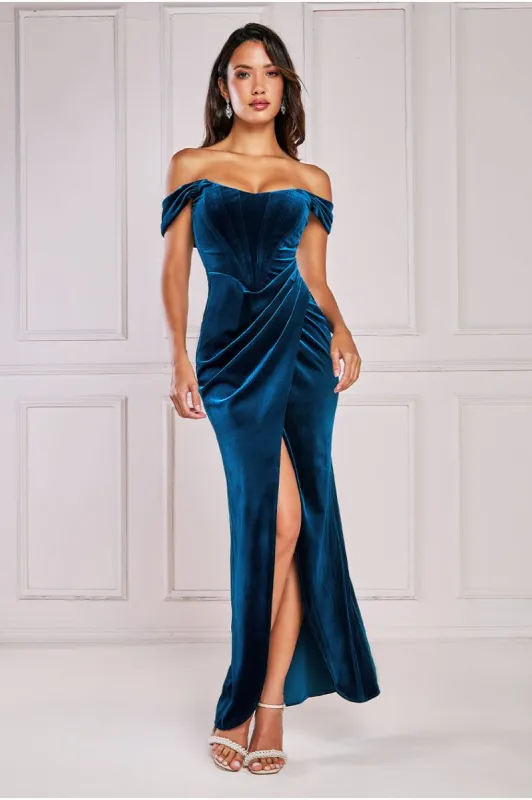 Draped Shoulder Velvet Corset Maxi Dress - Teal Blue by Goddiva sold by Goddiva