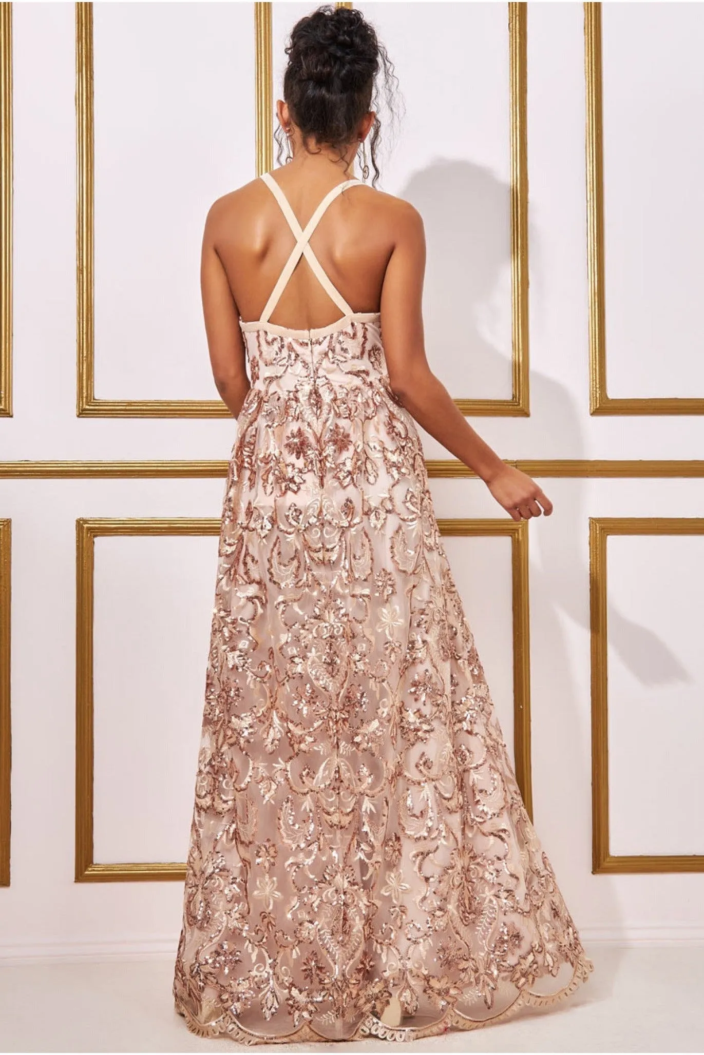 Goddiva Open Back Sequin & Mesh Maxi Dress - Champagne sold by Goddiva product image thumbnail 2