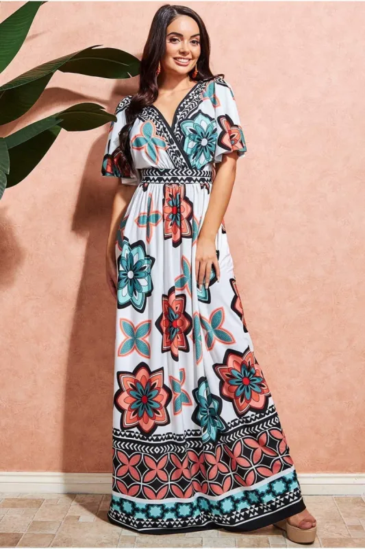 Goddiva Printed Flutter Sleeve Maxi Dress - Cream sold by Goddiva