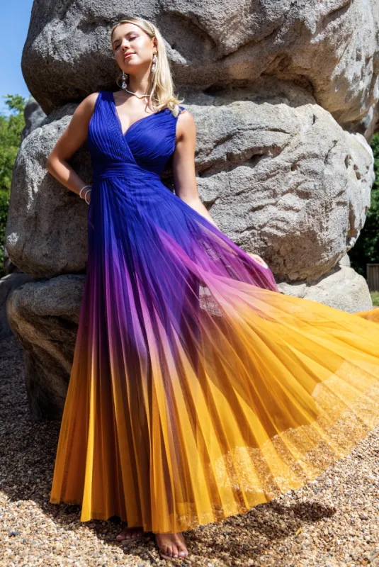 Sleeveless Ombre Pleated Maxi Dress - Navy Ombre by Goddiva sold by Goddiva