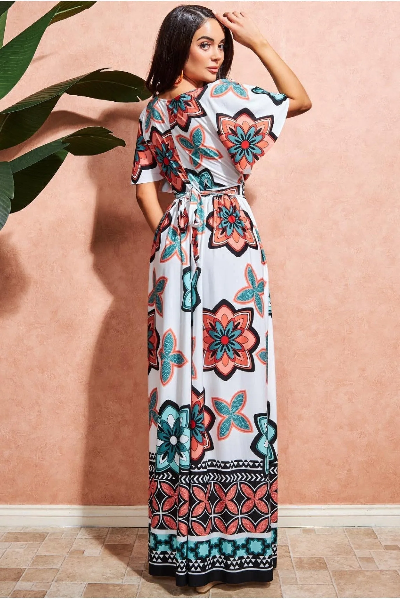 Goddiva Printed Flutter Sleeve Maxi Dress - Cream sold by Goddiva product image thumbnail 2