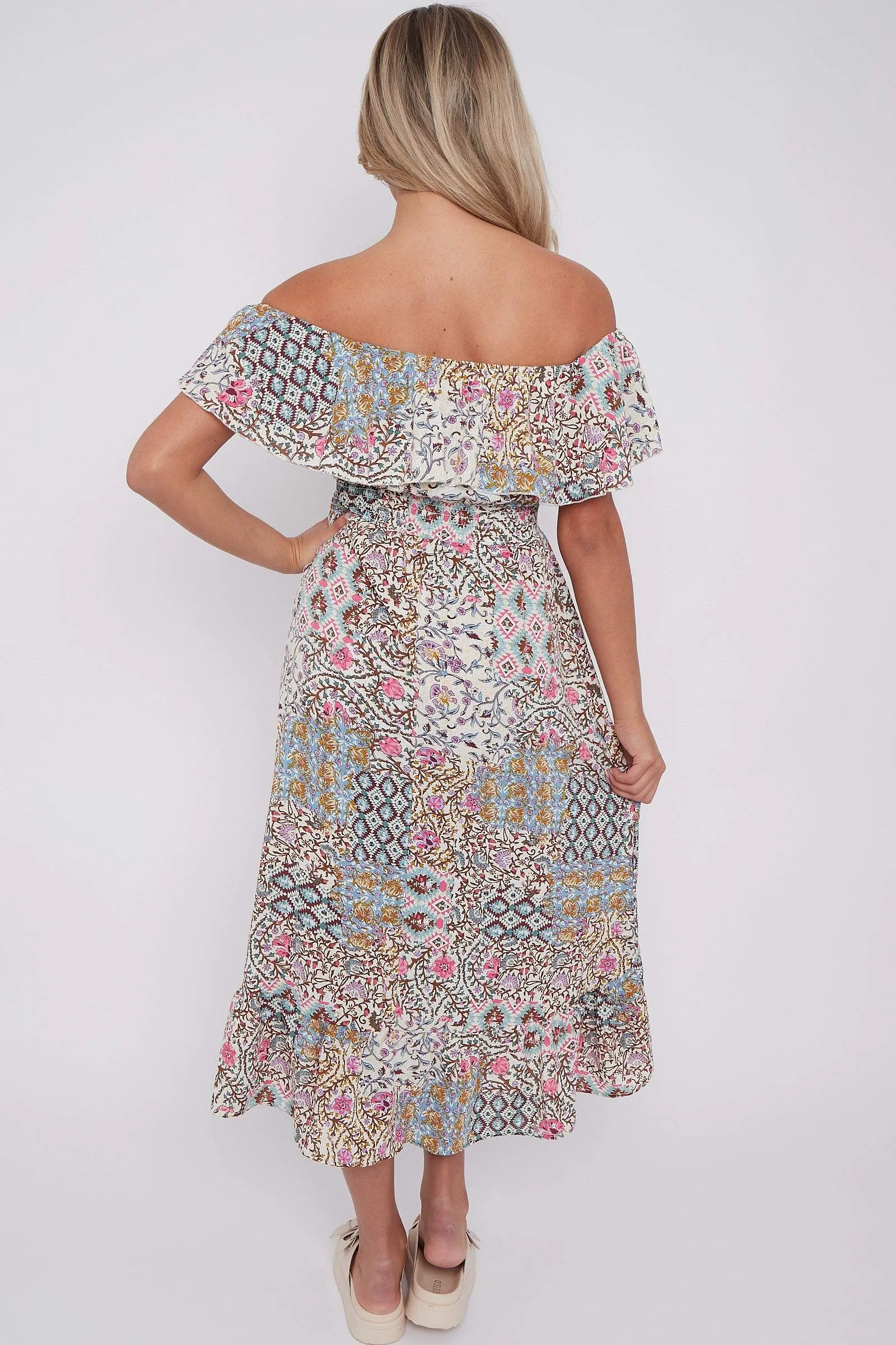 LOVE SUNSHINE Cream Floral Patch Print Bardot Midi Dress sold by Goddiva product image thumbnail 5