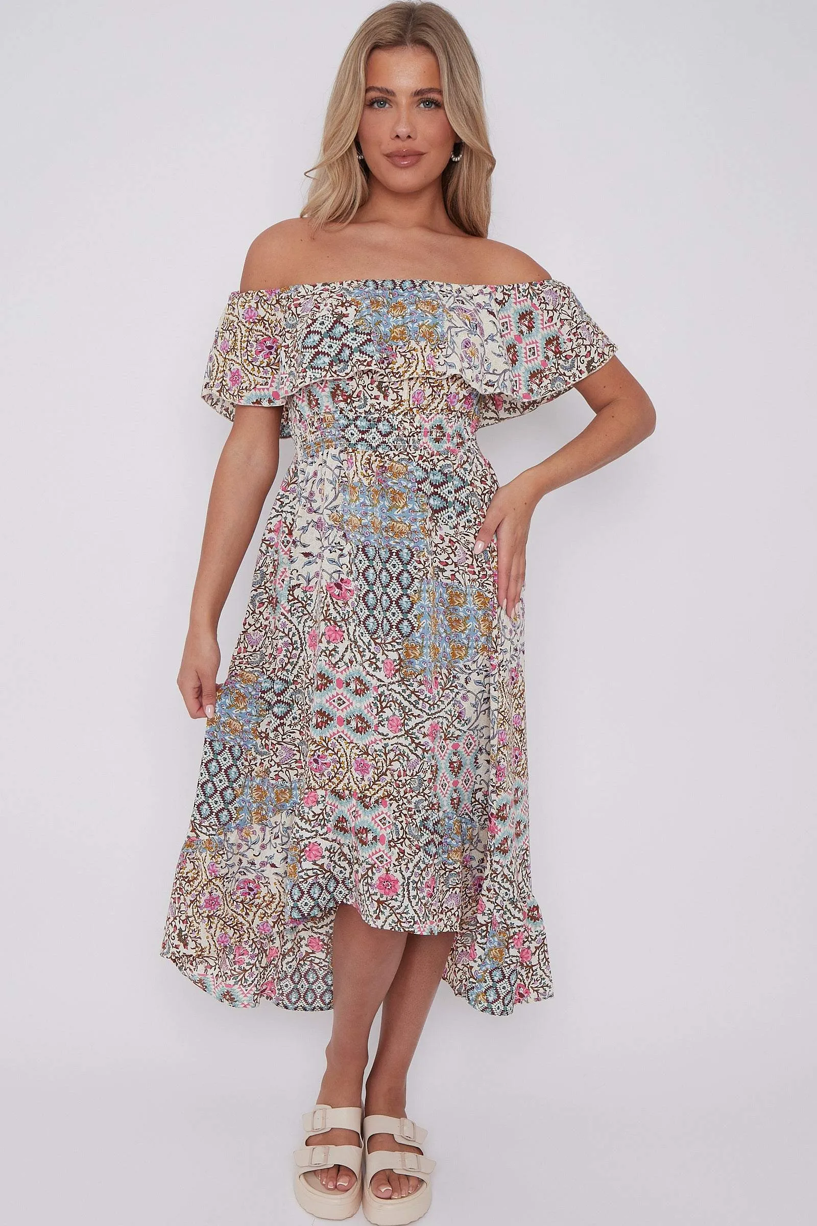 LOVE SUNSHINE Cream Floral Patch Print Bardot Midi Dress sold by Goddiva product image thumbnail 2