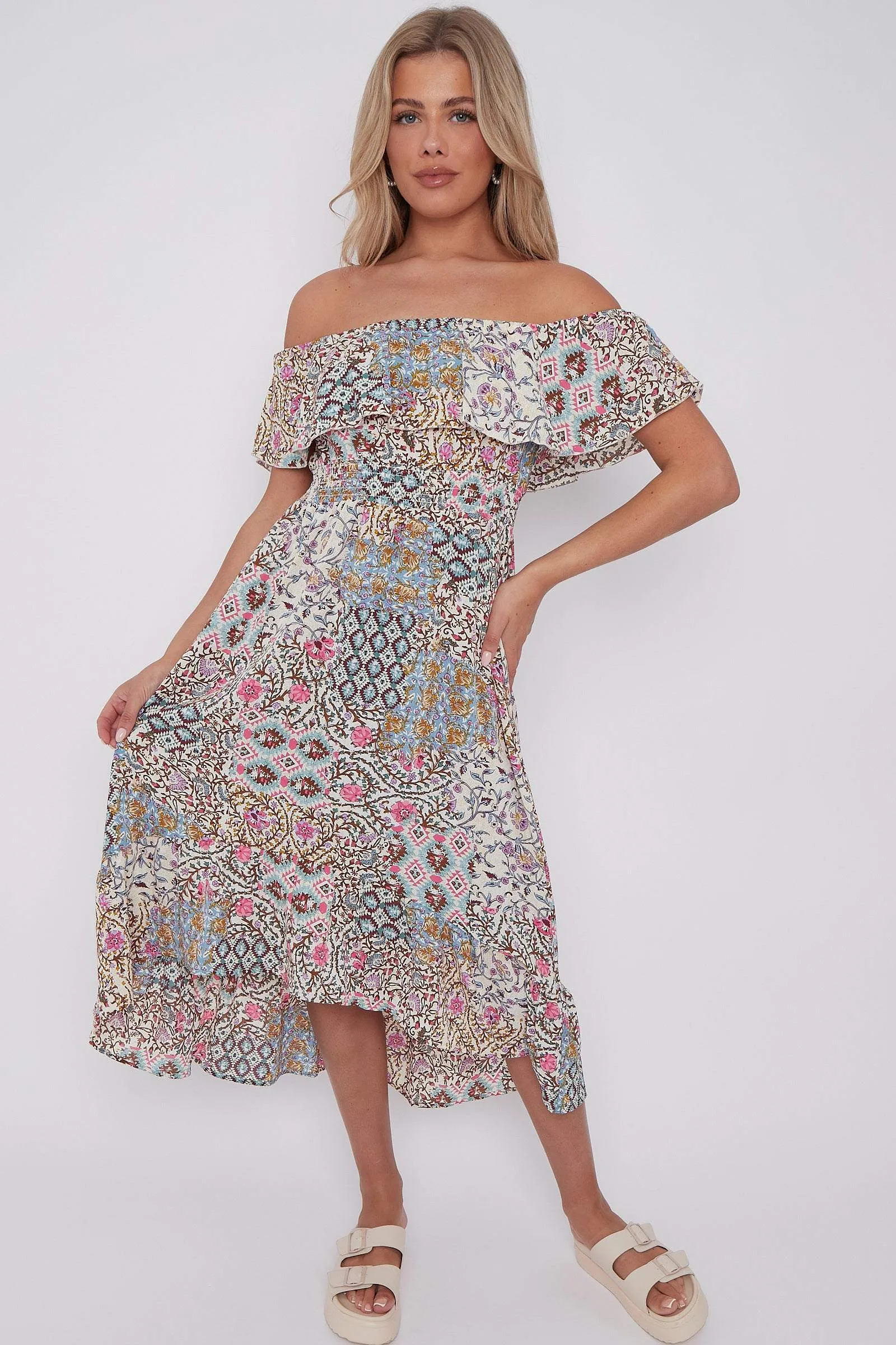 LOVE SUNSHINE Cream Floral Patch Print Bardot Midi Dress sold by Goddiva product image thumbnail 3