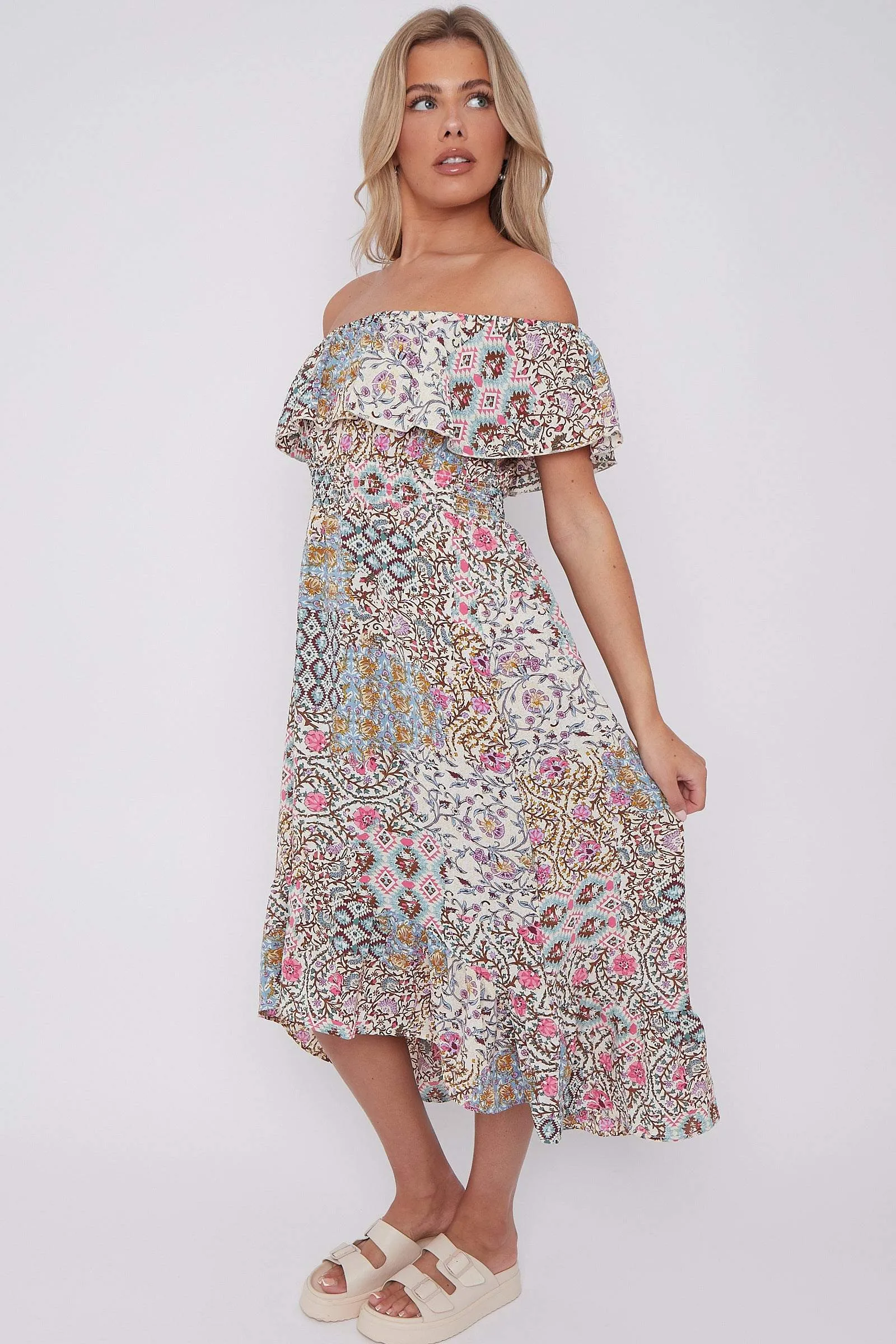 LOVE SUNSHINE Cream Floral Patch Print Bardot Midi Dress sold by Goddiva product image thumbnail 4