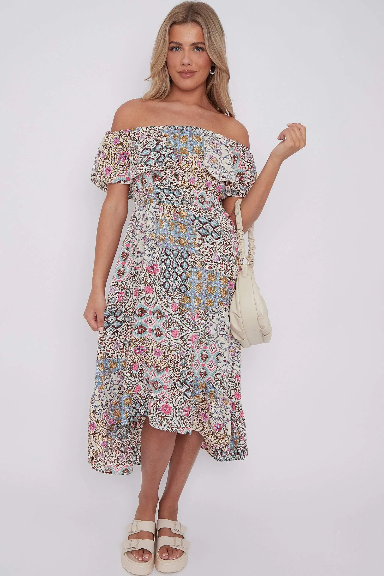 LOVE SUNSHINE Cream Floral Patch Print Bardot Midi Dress sold by Goddiva