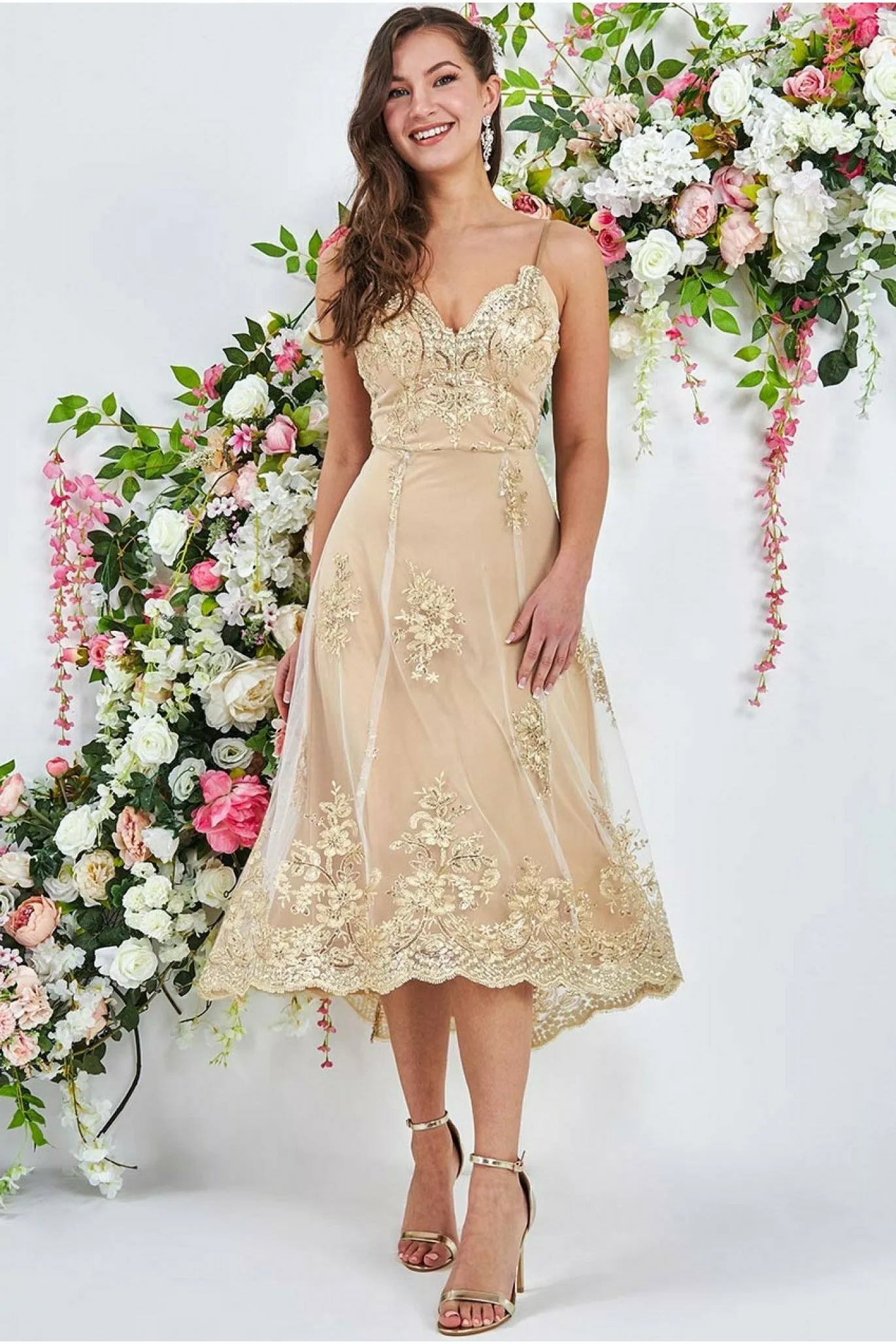 High Low Scalloped Midi Dress - Gold by Goddiva sold by Goddiva